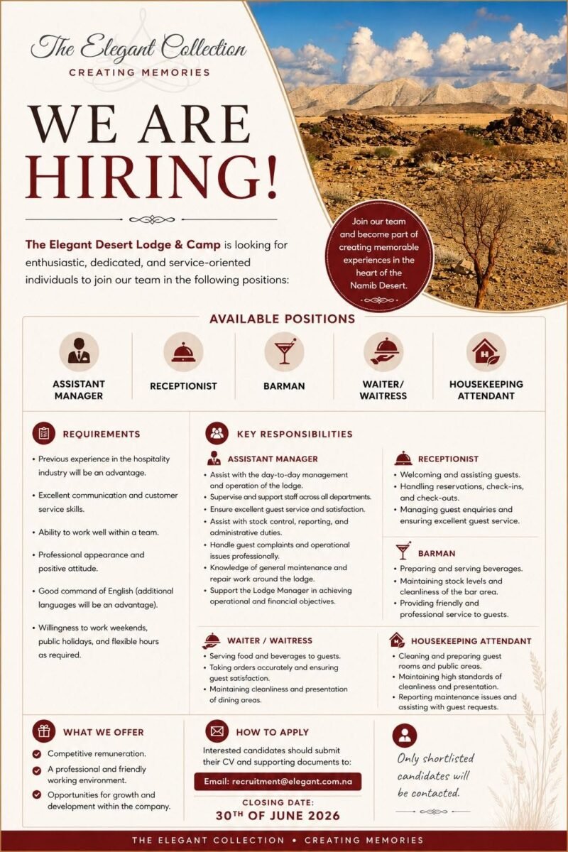 Several vacancies at the Elegant Desert Lodge & Camp ( Apply before June 30, 2026)