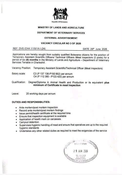 Ministry of Lands and Agriculture Recruitment, July 2026